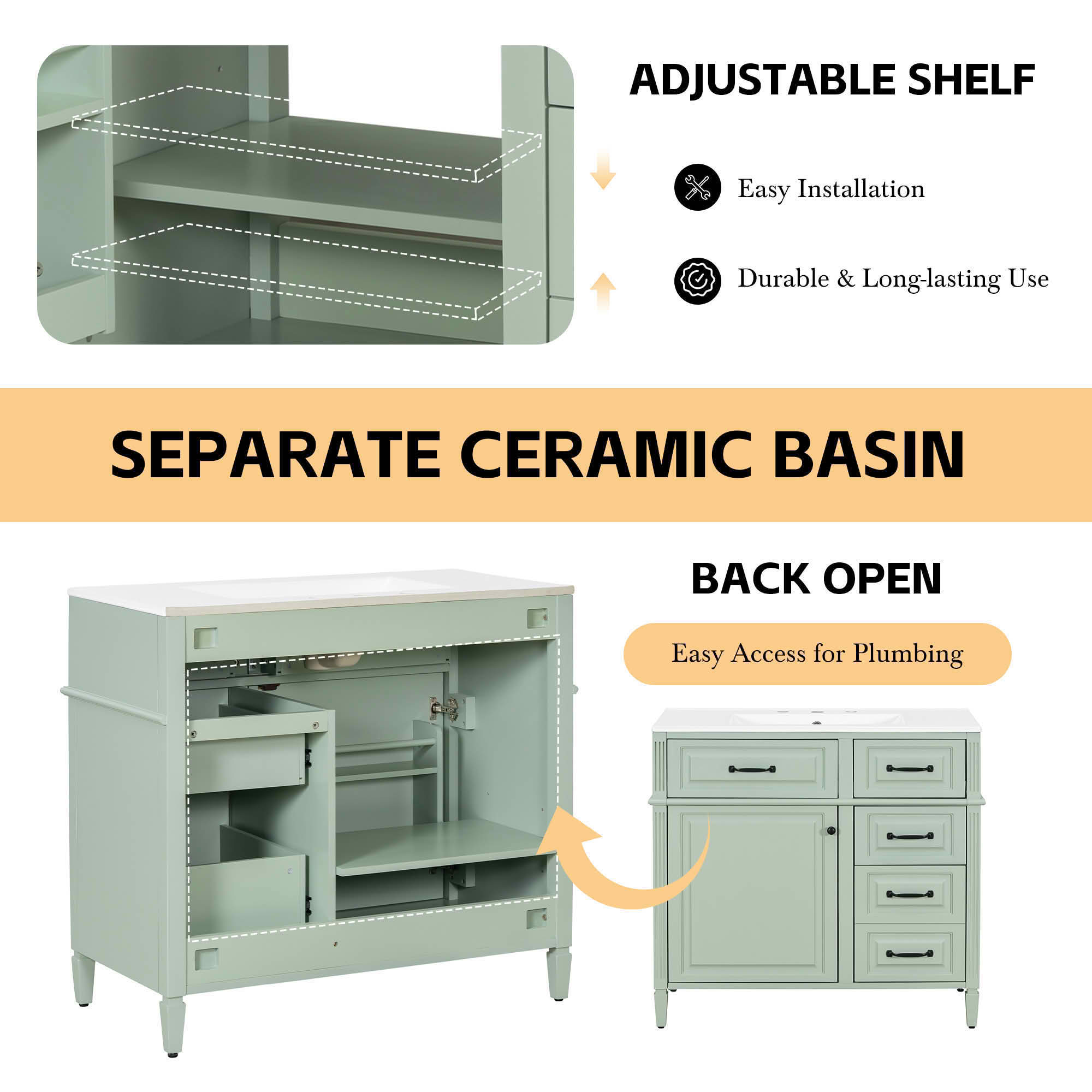MAYEERTY 36" Bathroom Vanity with Sink Blue Gray Solid Wood Flip Drawer 3 Drawers 2 Doors Golden Metal Handles MDF