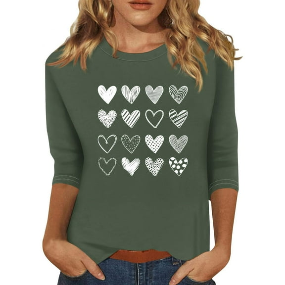 Womens Love Heart T-Shirts Valentine's Wife Day Graphic Tees 3/4 Sleeve Crew Neck Csual Fashion Funny Tunic Tops