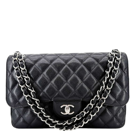 Pre-Owned Chanel Classic Jumbo Double Flap Quilted Caviar Leather Shoulder Bag Black