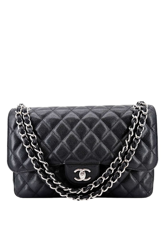Pre-Owned Chanel Classic Jumbo Double Flap Quilted Caviar Leather Shoulder Bag Black