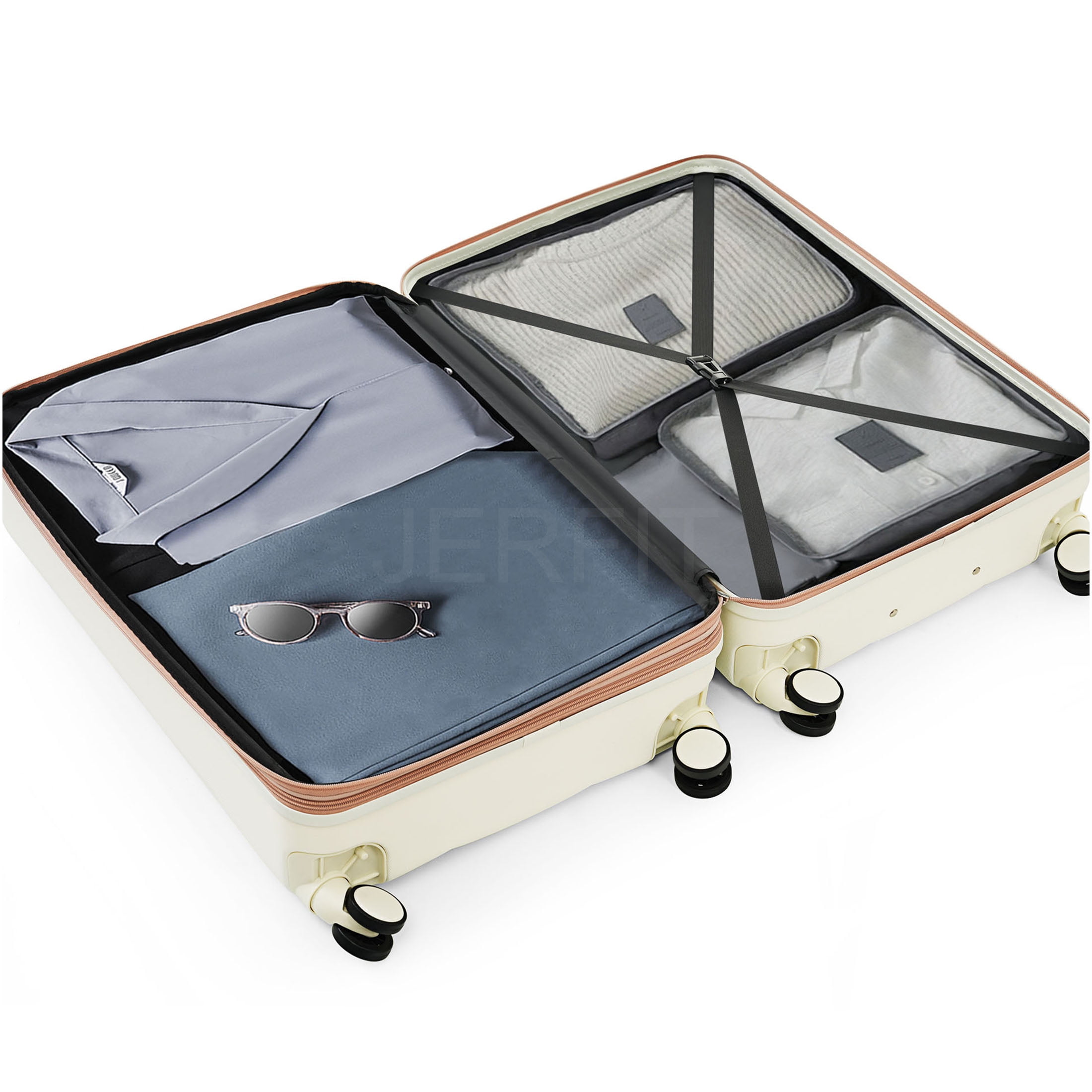 JERFIT 3-Piece White & Gold ABS Hard Shell Luggage Set with Cup Holder, 360° Spinner Wheels, Airline Approved Carry-On Suitcase