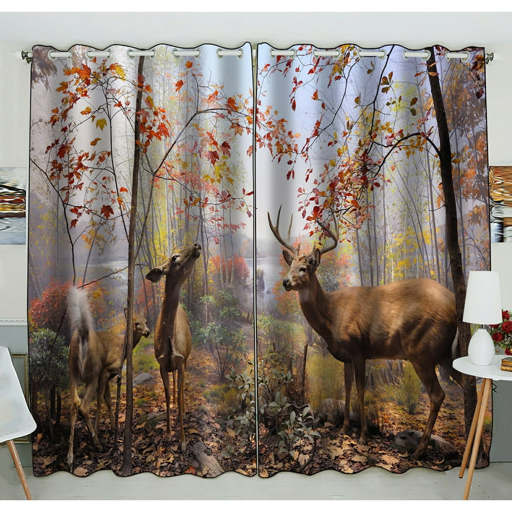 PHFZK Autumn Landscape with Maple Leaves Window Curtain, Deer Reindeer