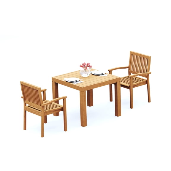 3-Piece Teak Dining Set: 36" Square Table   2 Leveb Stacking Arm Chairs