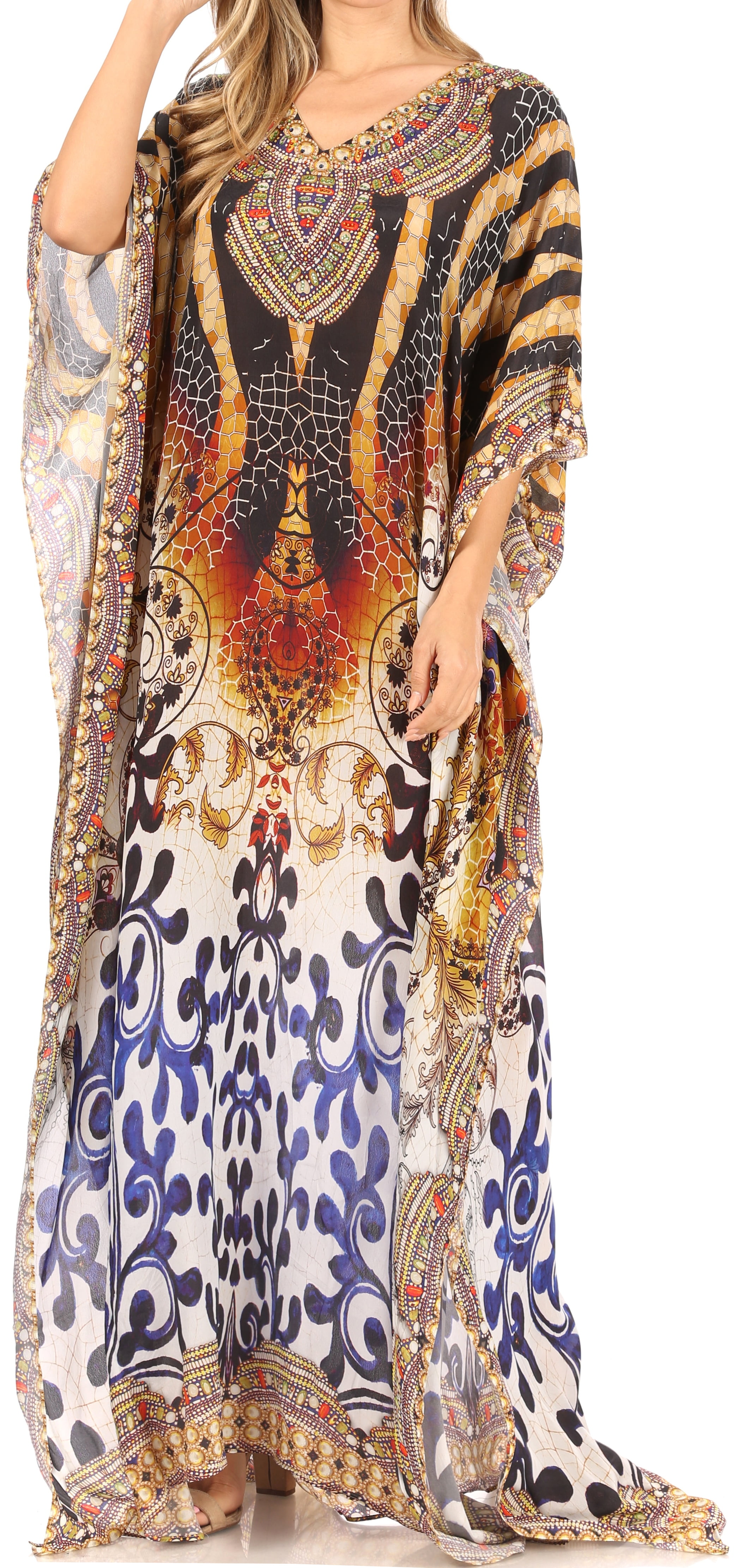 Sakkas Anahi Flowy Design V Neck Long Caftan Dress//Cover Up with Rhinestone