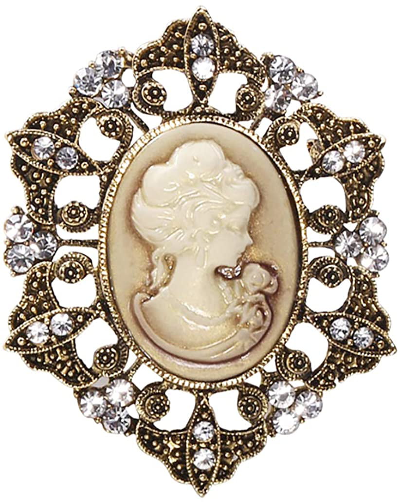 Art Deco Women Cameo Brooch Gold Floral Victorian Pin Broach Retro Vintage Style 