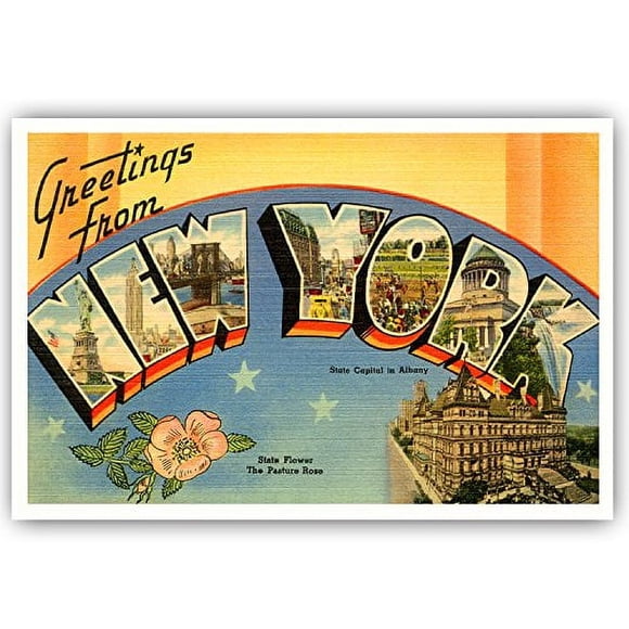 GREETINGS FROM NEW YORK vintage reprint postcard set of 20 identical postcards. Large letter US state name post card pack (ca. 1930's-1940's). Made in USA.