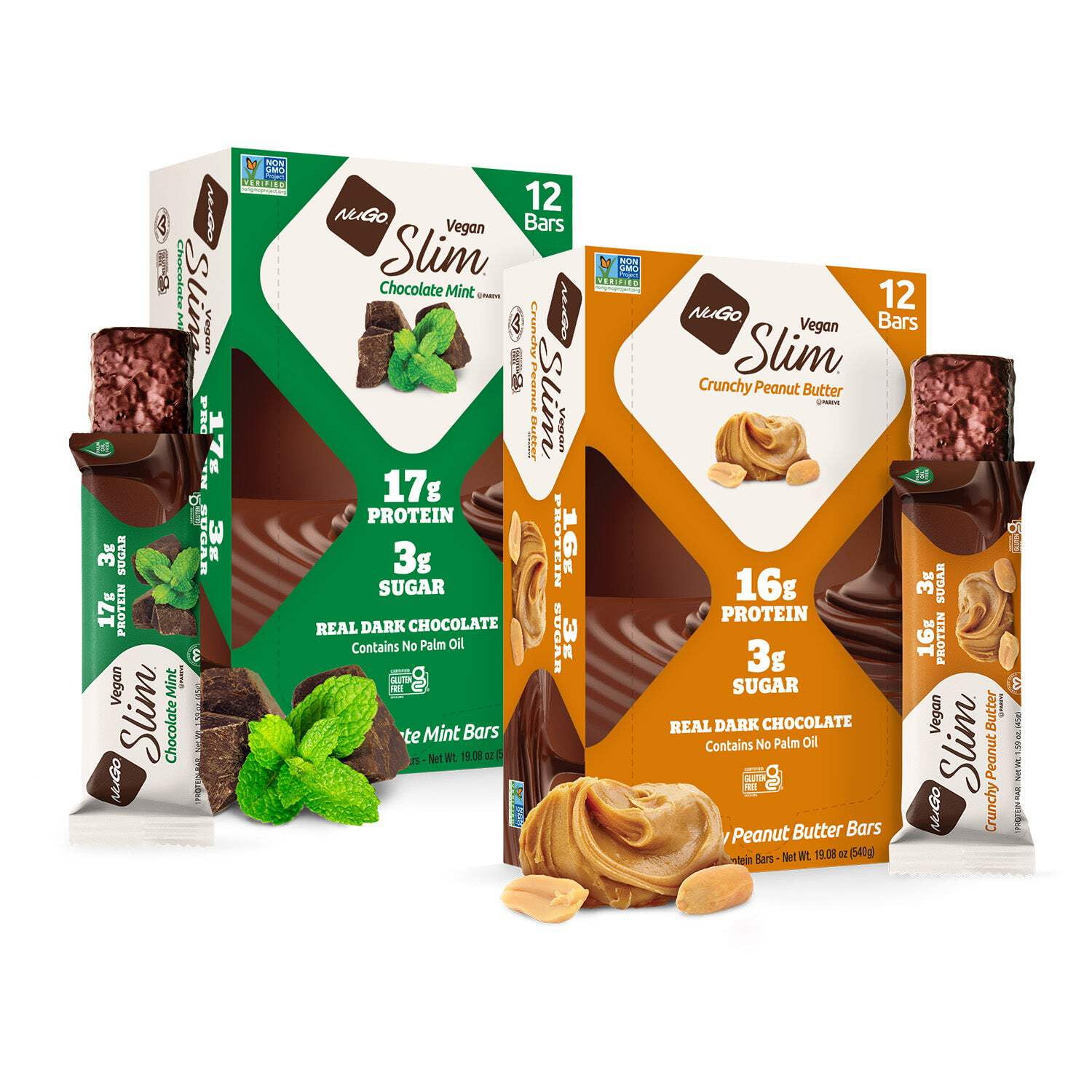 NuGo Slim Variety - Crunchy Peanut Butter 12 Bars & Chocolate Mint 12 Bars, 16-17g Protein, Vegan, Gluten Free, Kosher Pareve, 24 Count