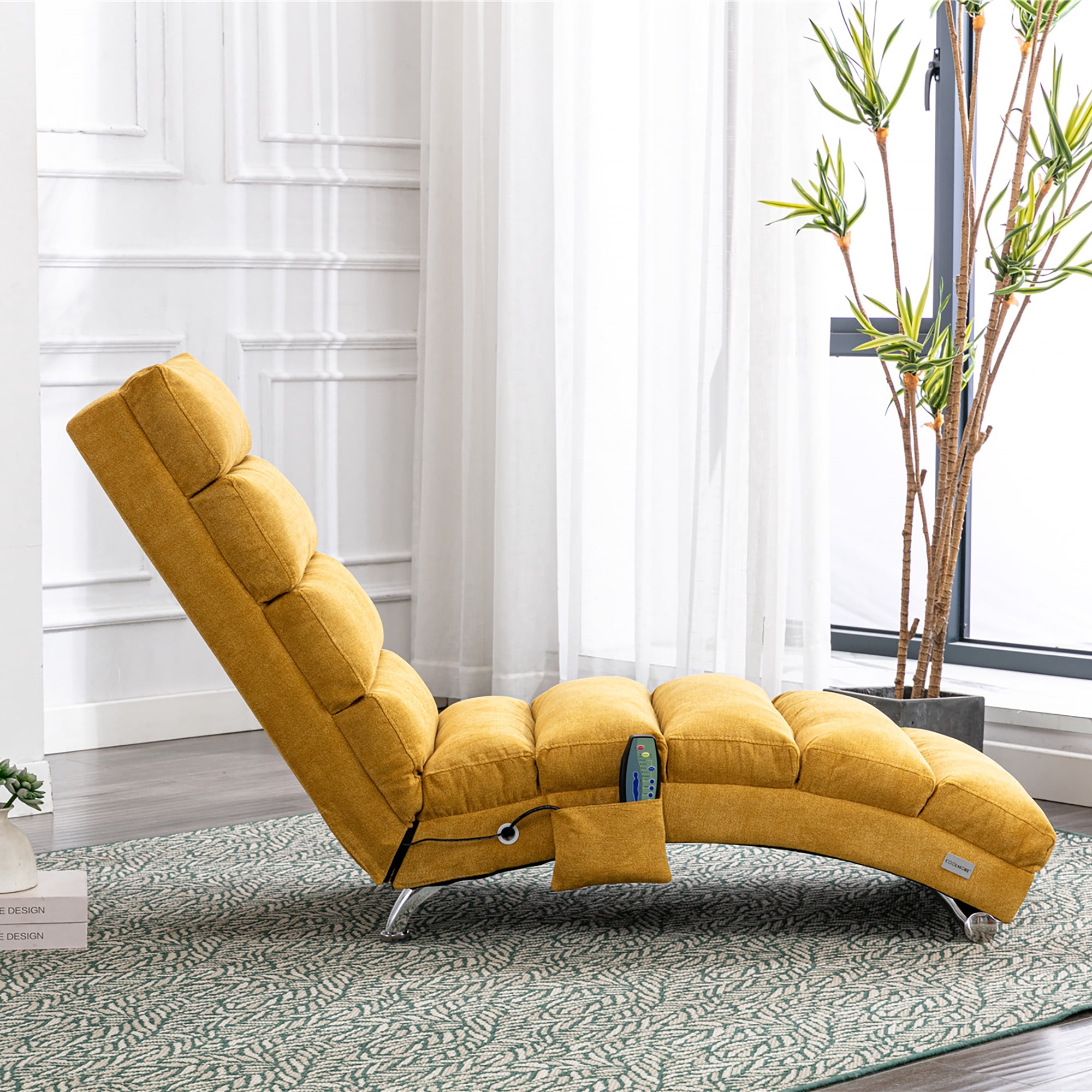 MAYEERTY Linen Massage Chaise Lounge Indoor with Remote Control,Ergonomic Electric Massage Long Lounger with 5 Modes for Office, Living Room,Bedroom，Mustard