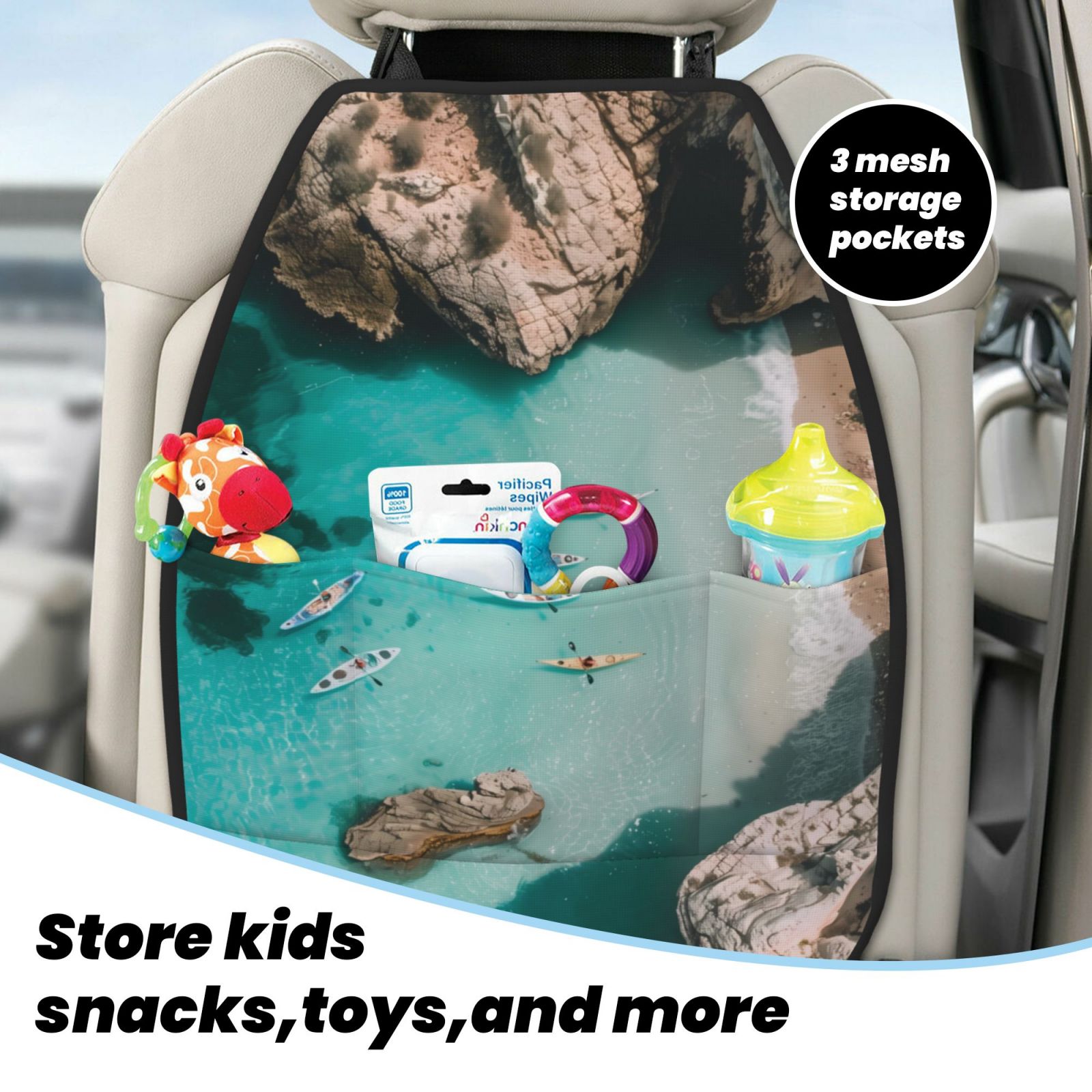 Naloa Turquoise Beach Kayaking 2Pcs Anti-Kick Back Seat Cover Kick Mat, Car Seat Protector with 3 Storage Pockets