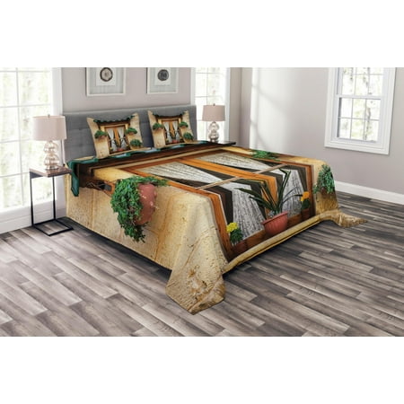 King Size Bed Sets With Matching Curtains Shutters Bedspread Set, Basket of Flowers Historic Building Window with Classic Lace Curtain Inside Image, Decorative Quilted Coverlet Set with Pillow Shams Included, Beige Green, by Ambesonne ()