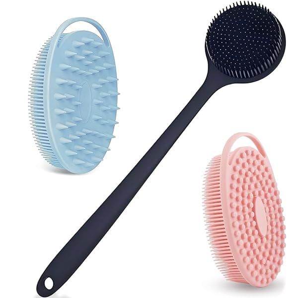 wonima11 3 PCS - Silicone Body Wash with Long Handle and 2 Soft Silicone Hair and Shower Brushes, Gentle Exfoliation and Scalp Massage, Suitable for Children, Women, and Sensitive Skin