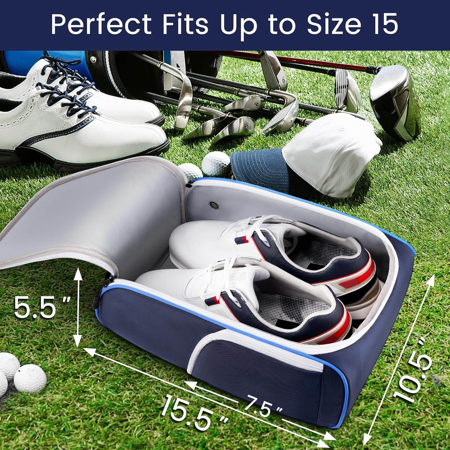 Golf Shoe Bag with 3 Pockets for Socks, Gloves, Tees, Balls, Brush, Designed with a Buckle Top Carry Handle, Zippered Sport Shoe Carrier Bags with Ventilation, Blue
