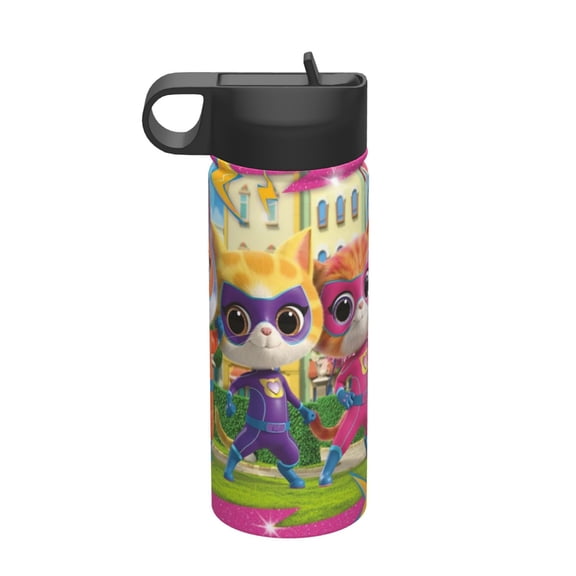 Super Kitties Kids Insulated Water Bottle With Straw - 18 Oz Stainless Steel Double Wall Vacuum Cup, Leakproof, Bpa Free, Suitable For Boys And Girls