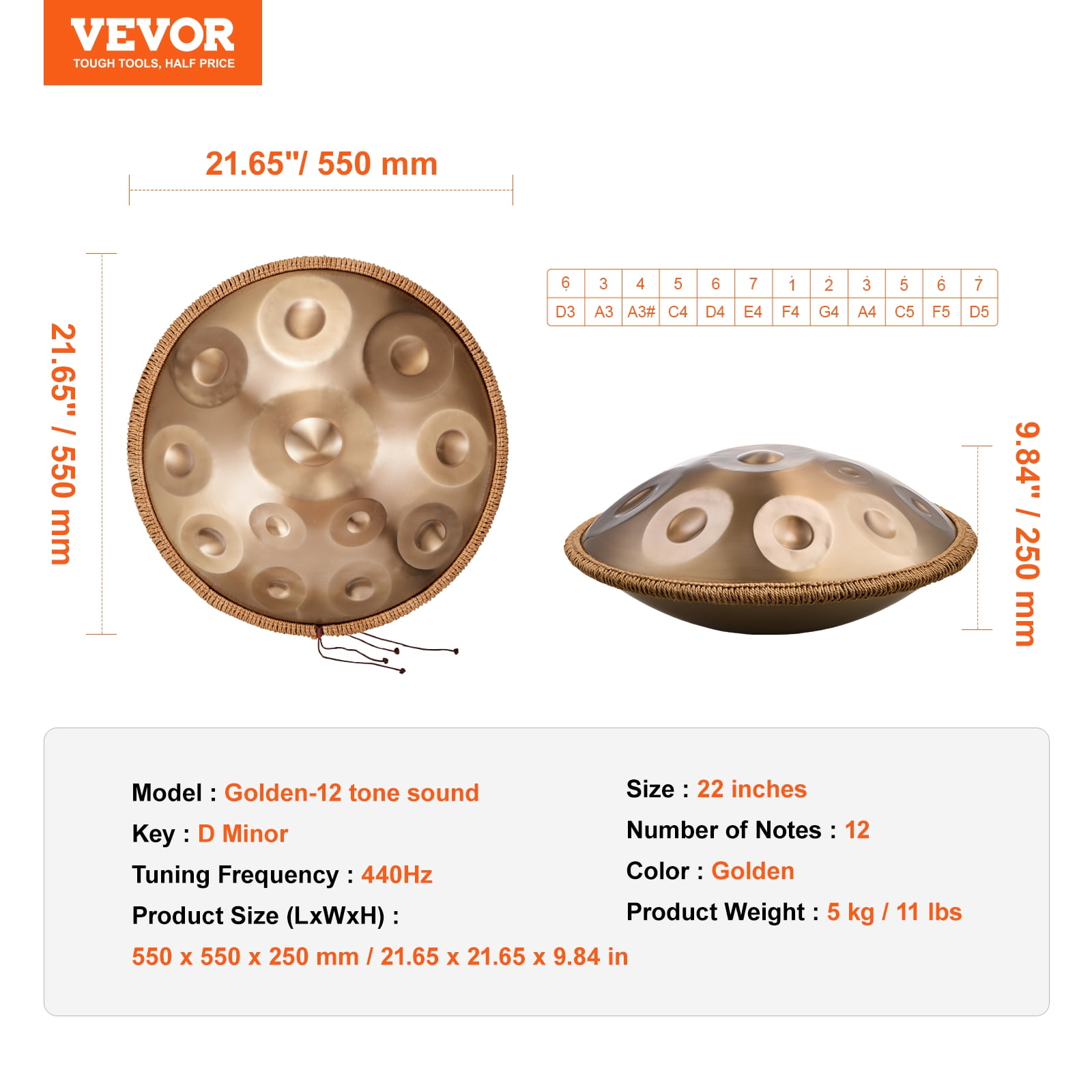 VEVOR Handpan Drum, 22 in & 12 Notes, D Minor Hand Drum, Pan Drum Instrument with Mallets, 440Hz Handpan Stand & Carry Bag, Steel Healing Sound Drum, Percussion Instruments for Adults Beginners