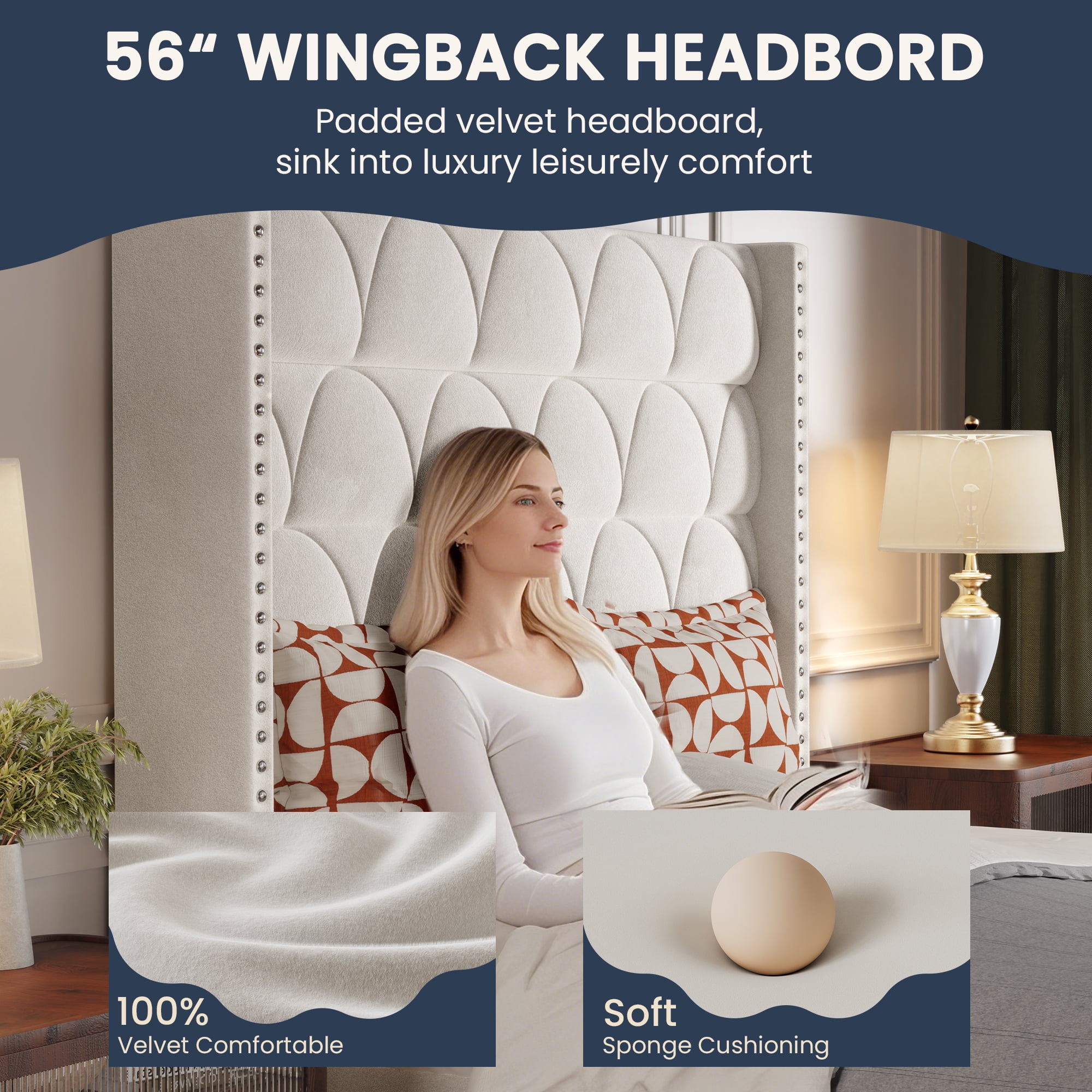 56" Velvet Upholstered Bed Frame with Wingback Headboard, Nailhead Trim, Wood Slat Support, No Box Spring Required