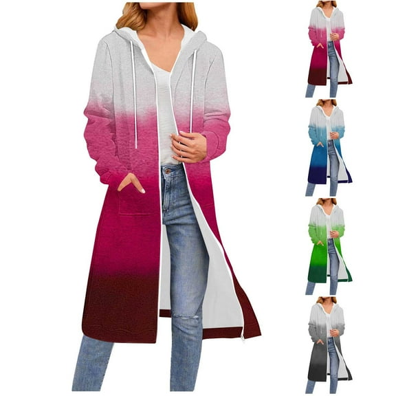 Olyvenn Oversized Hoodies for Women Zip Up Knee Length Tunic Sweatshirts Fall Casual Long Sleeve Gradient Hooded Jackets with Pockets Blue XXL