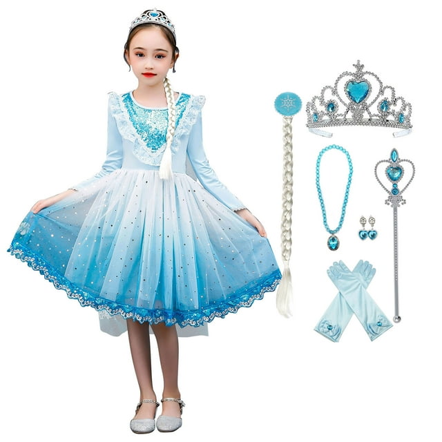 HAWEE Reine des Neiges Elsa Princesse Robe de Fête Costume à Manches Longues Cosplay Costumes pour Fête d'Halloween