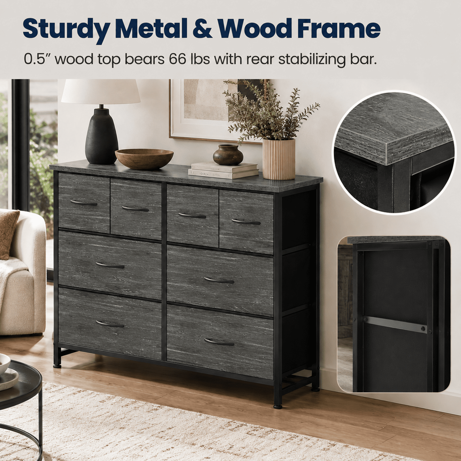 Alvantor Dresser for Bedroom with 8 Drawers, Fabric Dressers Storage Tower with Steel Frame Wood Tabletop, Storage Cabinet, Hallway, Closets
