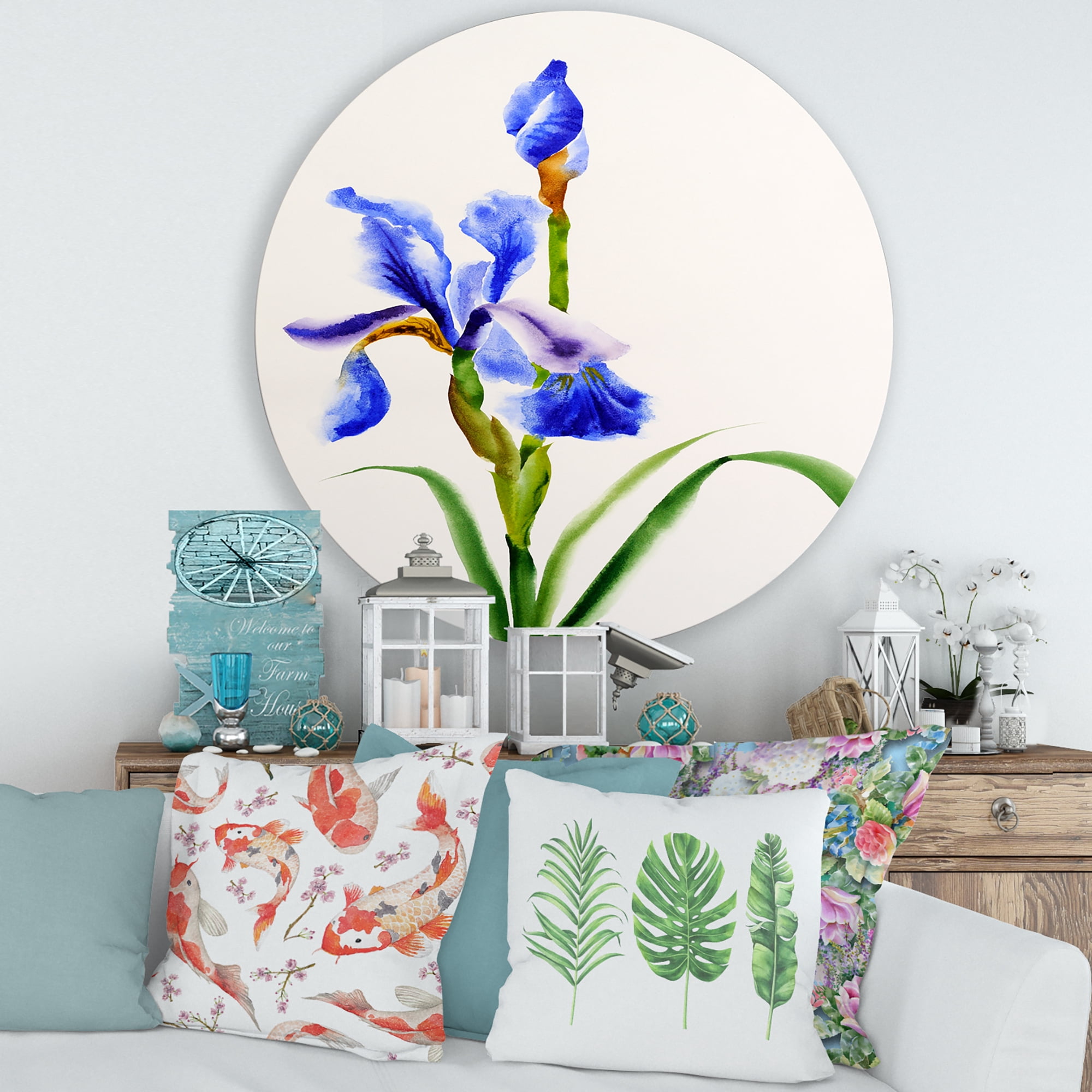 Designart 'Blue Iris Flower Retro Style' Traditional Circle Metal Wall Art 29x29 - Disc of 29