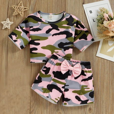 

Hunpta Toddler Kids Girls Short Sleeve Leopard Camouflage Printed T Shirt Tops Bowknot Shorts Sports Outfits