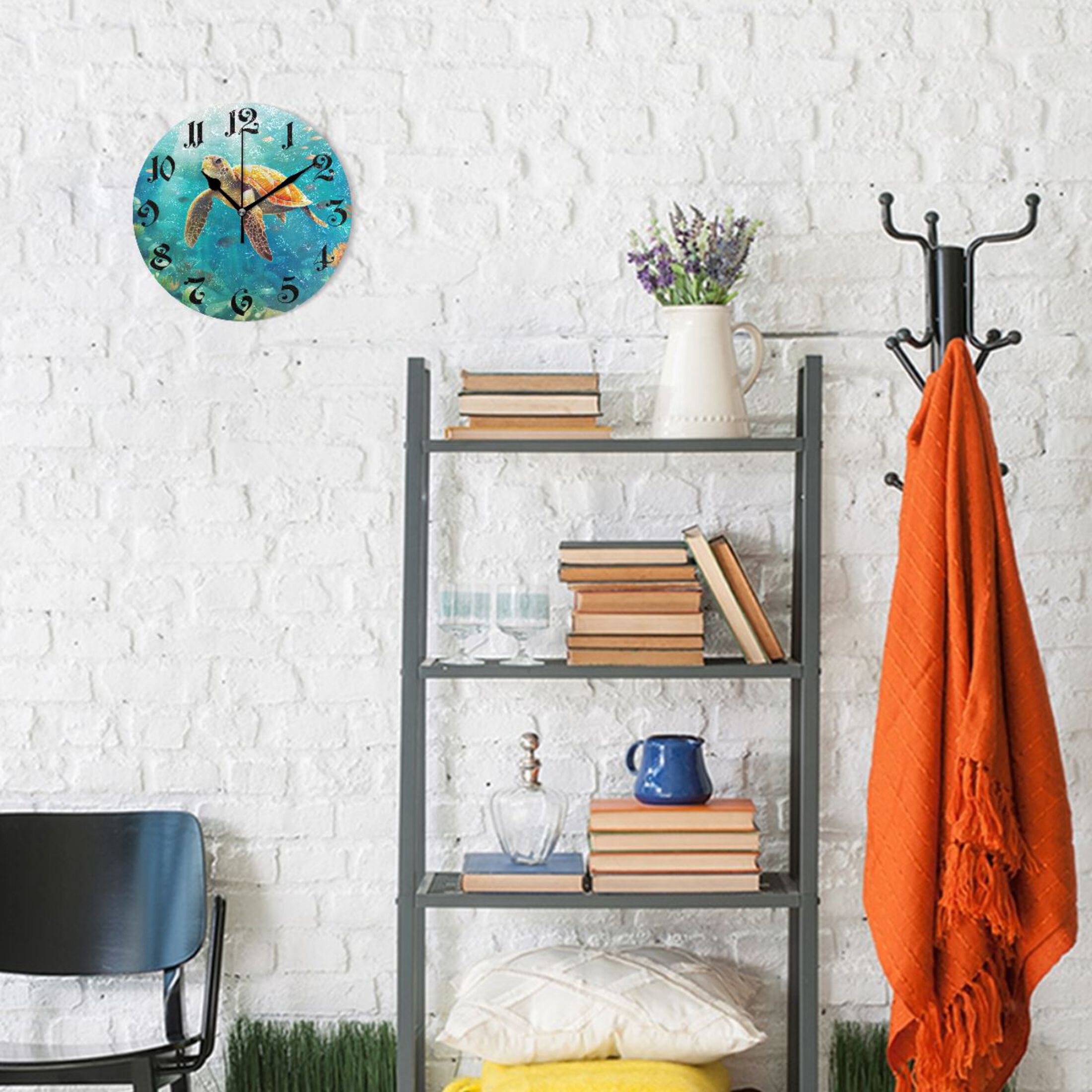 Silent Wall Clock Sea Turtle 10" Non-Ticking Battery Clock Rustic Retro Home Decorative for Living Room Kitchen Bathroom