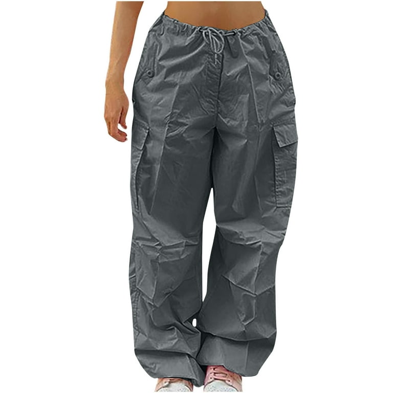 JWZUY Baggy Parachute Pants for Women Drawstring Elastic High Waist Ruched Cargo  Pants Multiple Pockets Jogger Pants Gray XXXL 
