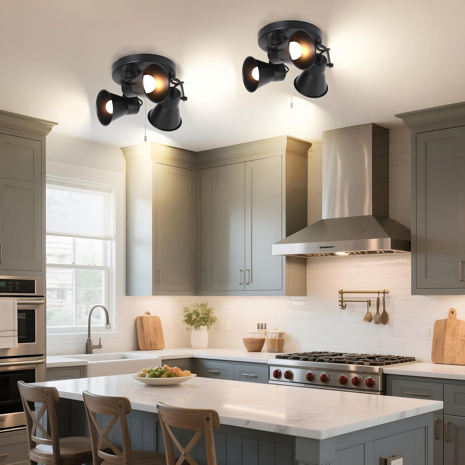 KEESFU 3-Light Track Lighting with Pull Chain, Adjustable Ceiling Spotlight with Extended Cord, Modern Industrial Flush Mount Light for Kitchen Garage Pantry