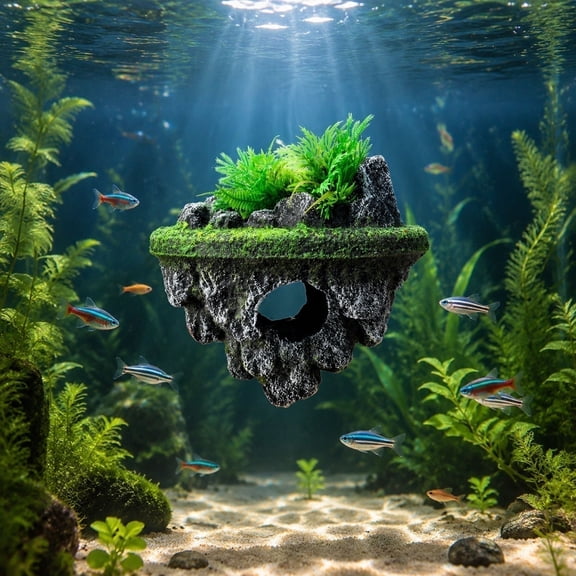 Floating Turtle Basking Platform for Aquarium, Natural Moss Hideout Cave Decor, No Rope Foam Core Rest Shelter for Fish Shrimp Reptiles 7.09X4.33X6.3In