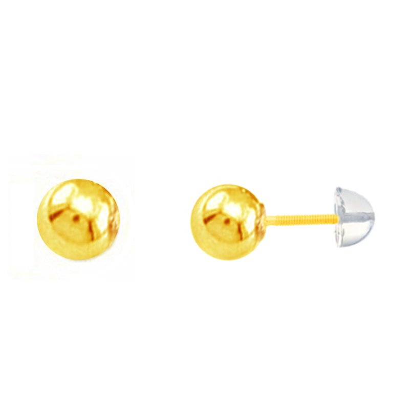 14k Yellow Gold Mini Ball Stud Post Earrings 7mm with Silicone Backs For  female toddlers, adult and teens