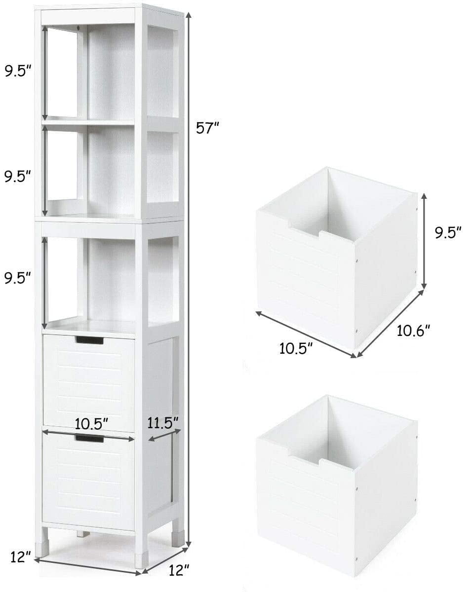 Giantex Adjustable Bathroom 3-Shelves and 2-Drawers Free Standing Cabinet, White