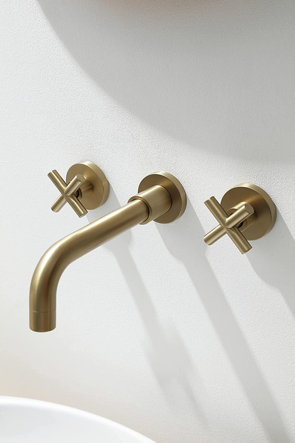 MAYEERTY Wall Mount Bathroom Faucet for Vessel Sink with 2 Cross Handles, Solid Brass, Brushed Gold