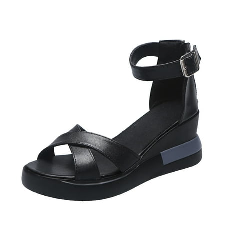 

iOPQO Women s Wedges Women Solid Bohemian Peep Toe Wedges Thick Bottom Flatform Shoes Sandals 606 Ladies Solid Color Bohemian Black 37