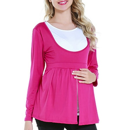 

PALACLOTH Ladies Maternity Nursing Breastfeeding Tops Blouse Patchwork Round Neck Long Sleeve Pregnant T-Shirt