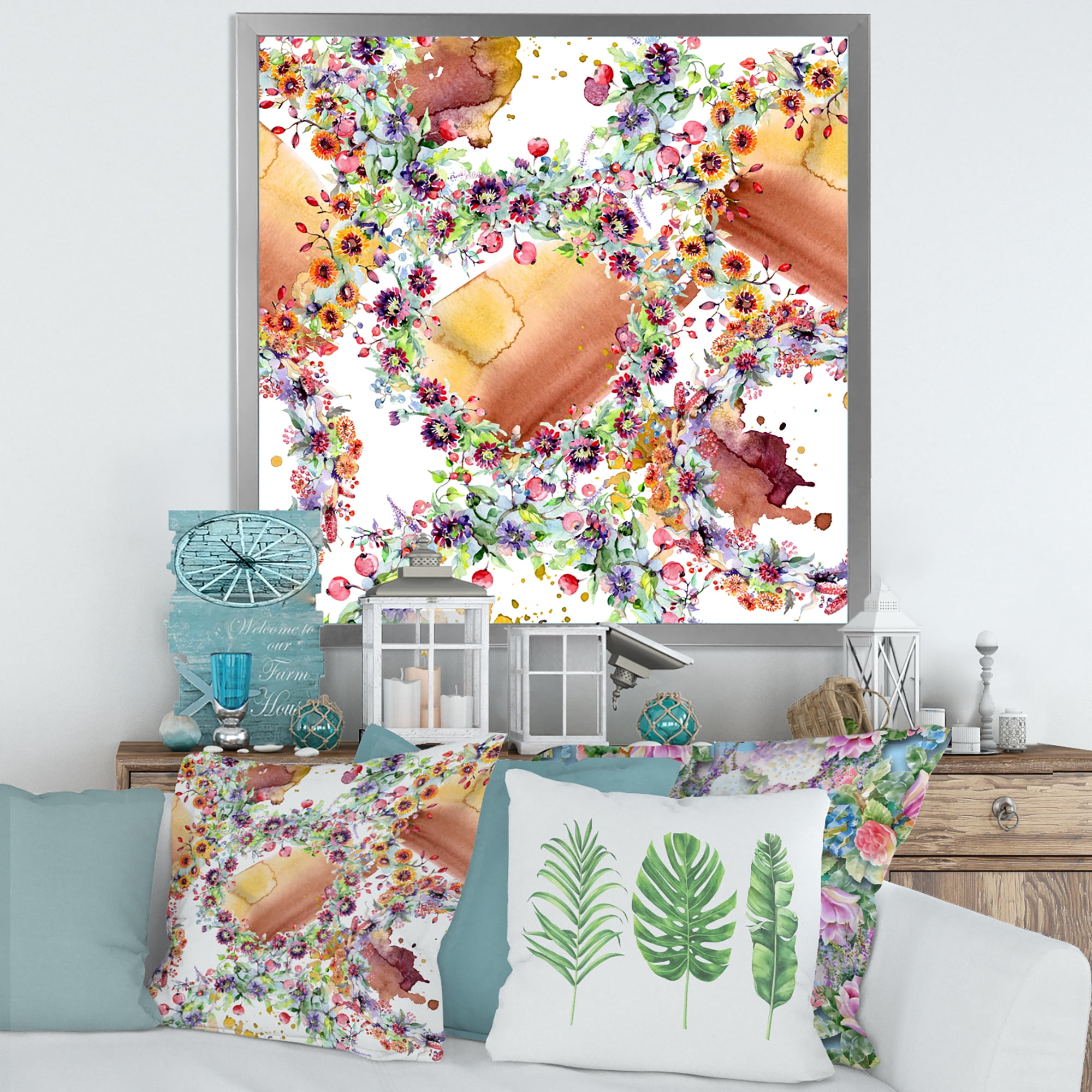 Vibrant Wild Spring Leaves, Berries and Wildflowers 16 in x 16 in Framed Painting Canvas Art Print, by Designart