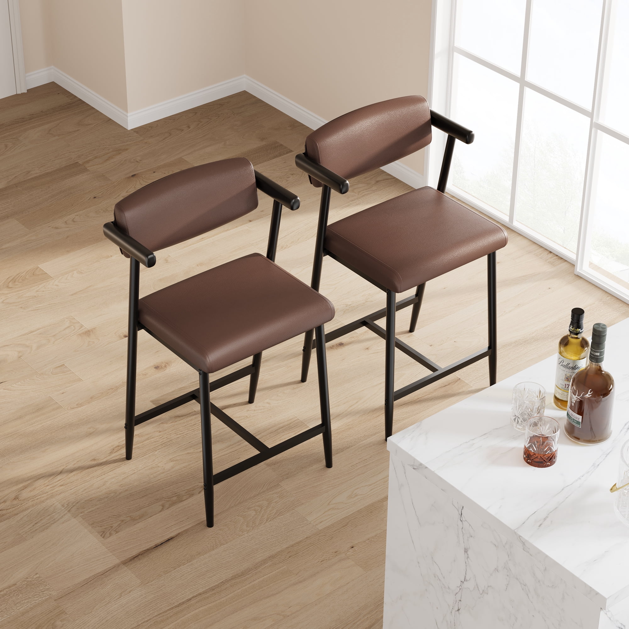 Modern Set of 2 Bar Stools with Arms and Backrest, PU Leather Upholstered, Adjustable Counter Chairs with Metal Legs & Footrest – Ideal for Kitchen Island, Dining Room, Home Bar