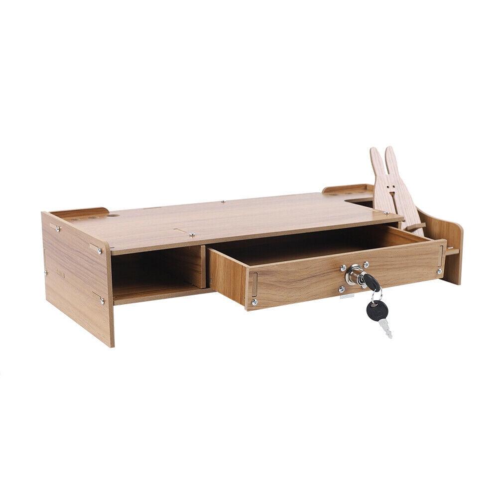 Loyalheartdy Computer Monitor Riser Stand Cherry Wood Color Density Board Laptop Shelf W/ Lockable Drawer for Home, Office
