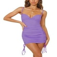 thumbnail image 4 of Women Ribbed Slip Mini Dress Sleeveless Backless V-Neck Side Drawstring High Waist Bodycon Dress Vintage Beach Sundress, 4 of 6
