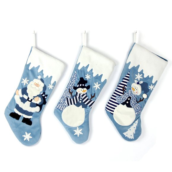 Etistta Classic - Medias Navideñas Azules De 19 Pulgadas, Juego De 3, Decoración Navideña Azul Y Blanca, Medias De Nieve Con Apliques De Terciopelo Para Decoraciones Navideñas De Chimenea, Muñeco De N