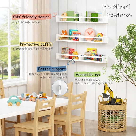 32" White Floating Nursery Book Shelves, Set of 3 Kids Wall Mounted Bookshelves for Boys & Girls Bedroom, Playroom, Classroom Library