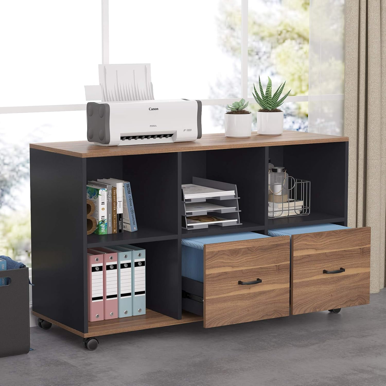 Tribesigns 55 Inch L Shaped Executive Desk and 43" Lateral File Cabinet, 2 Drawers and 4 Cubes, Walnut and Black