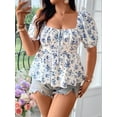 thumbnail image 5 of Women'S Floral Blouse Boho Shirred Square Neck Puff Short Sleeve Vacation Shirt Peplum Tops Blue on White XXL, 5 of 6