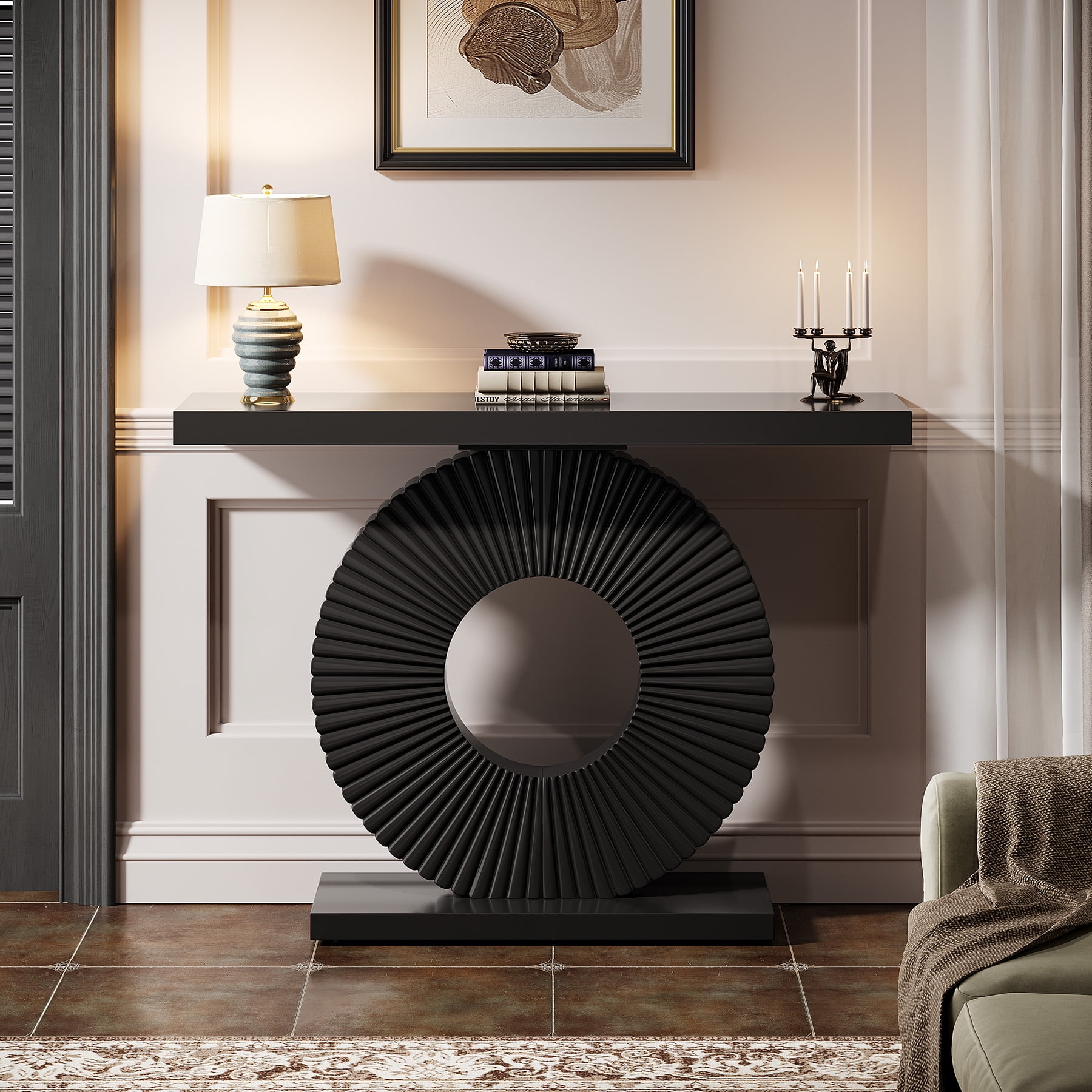 Fnova Console Table, 40" Wood Modern Art Narrow Long Side Table, Entryway Table with Round Base, Sofa Table, Accent Table for Living Room, Entryway, Hallway, Black