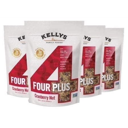 Kellys Four Plus Granola Cereal | Cranberry Nut Healthy Granola for Yogurt | Hand Made Organic Snacks for Breakfast - 12 oz (Pack of 4)