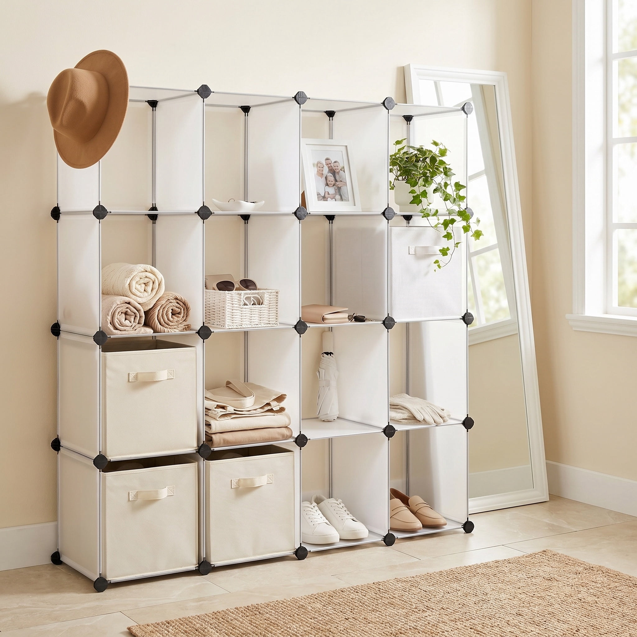 Nordic Hygge 16-Cube Modular Storage Organizer, DIY Plastic Closet Storage and Bookshelf – White