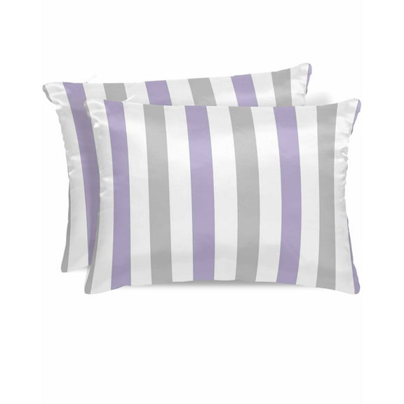 Hokiten Pillow Cases Standard Size Set of 2, Lumbar Pillow Covers, Purple Grey Stripe Satin Pillowcases with Zipper for Hair/Skin, Modern Farmhouse Vertical Striped 20x26 Inches