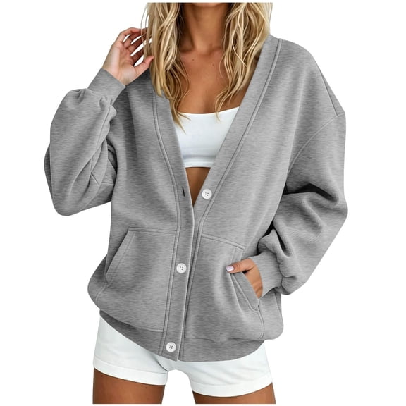Textilo Women's V Neck Button Down Sweatshirt Jacket Long Sleeve Cardigan Sweatshirt with Pockets Solid Color Coats Fall Spring Comfy Fashion Sport Y2k Clothing,Gray L