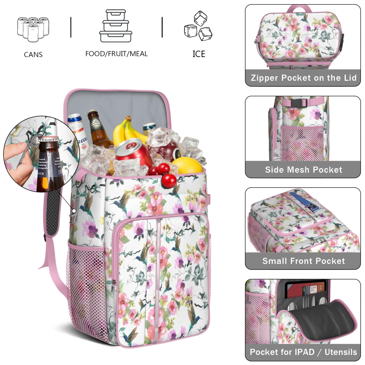 Travel Cooler Bag - Pioneer Flower Floral Print Pattern Camping Beer Cooler Backpack with Bottle Opener- Waterproof Insulated Picnic Backpacks - Cooler Bag for Beach
