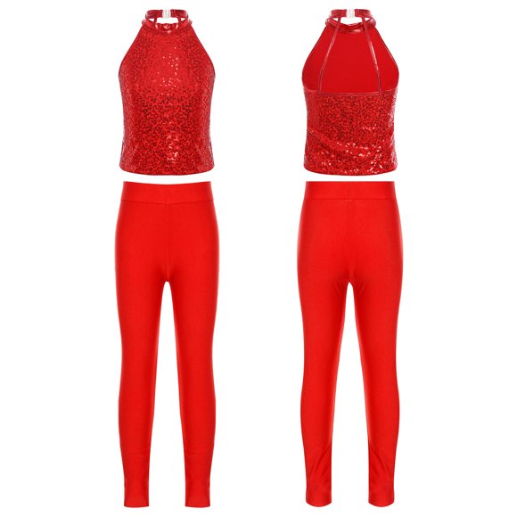 Miaeowve Kids Girls Halter Crop Top with Leggings Jazz Dance Costume Sequin Cheerleading Uniform Gymnastics Red 14