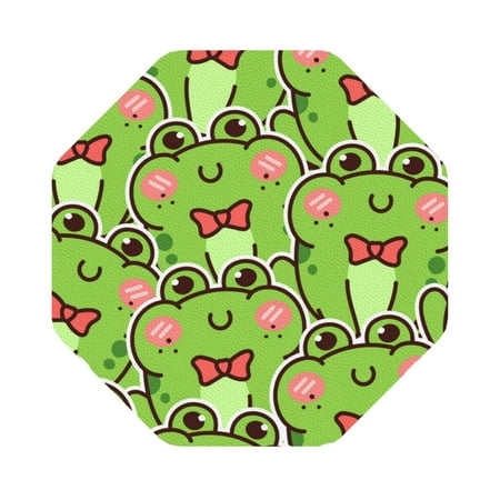 

Coaee Cute Green Frog Print Leather Coasters Set of 6 Non-Slip Washable Cup Coasters for Home Office Bar Octagon