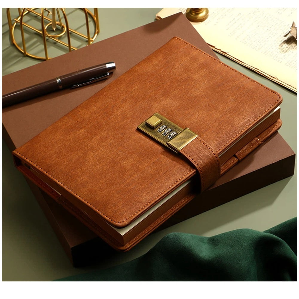A5 Leather Journal with Lock 112 Pages, Vintage Locks Journal Password Notebook with Pen, Locks Diary Planner Organizer for Men and Women, brown